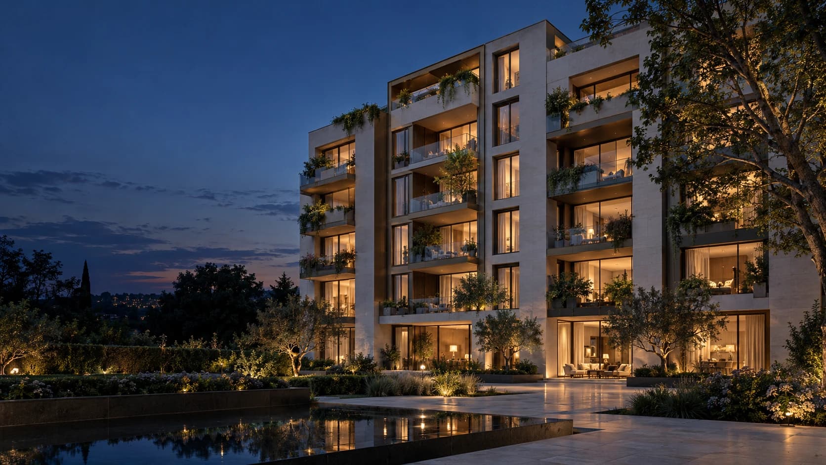 Dwellnest concept architecture: limestone apartments around a planted courtyard at blue hour
