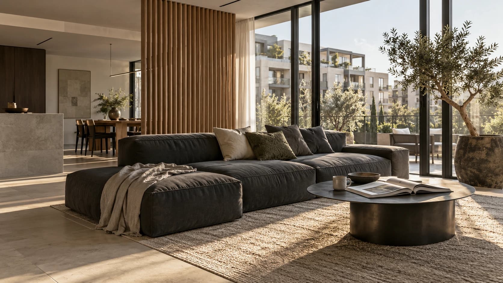 Dwellnest concept interior: a sunlit living room opening onto a terrace